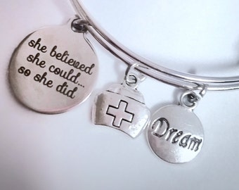 Nurse Jewelry, Nurse Bracelet, She Believed she could So She Did, Nursing School, New Nurse Gift, Nurse Charm Bracelet, RN Gift, LPN Gift