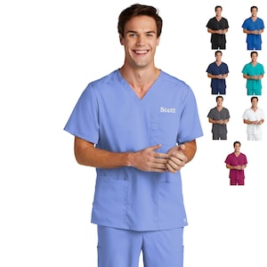 Personalized Mens Scrubs Top with Custom Embroidered Text or Name, Doctor, Nurse, Veterinarian, Hospital, Shirt, Medical Apparel