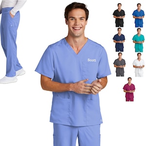 Personalized Mens Scrubs Set with Custom Embroidered Text or Name, Doctor, Nurse, Veterinarian, Hospital, Shirt, Medical Apparel