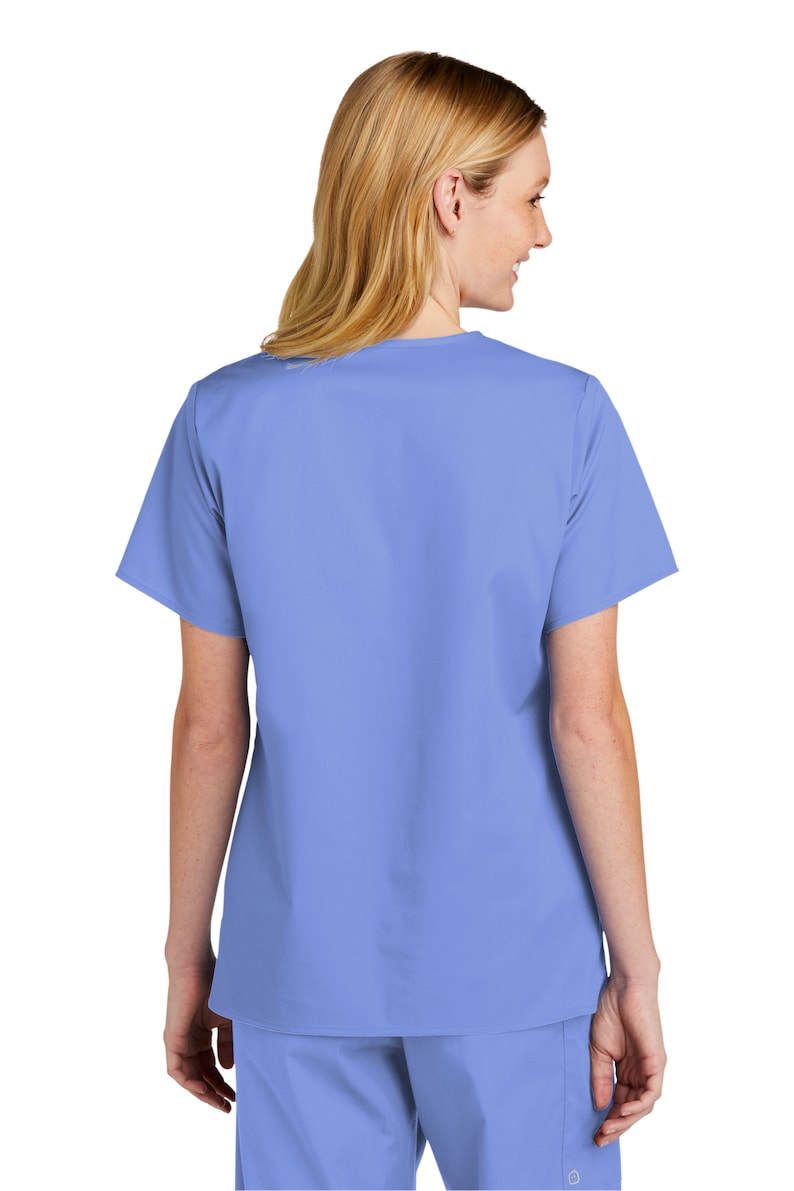 May include: A light blue scrub top with short sleeves and a V-neck. The top is made of a soft, comfortable fabric and is perfect for healthcare professionals.