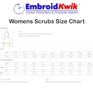 May include: A size chart for women's scrubs, showing measurements for bust, body length, and set-in sleeve lengths in inches. The chart includes sizes from 2XS to 5XL.