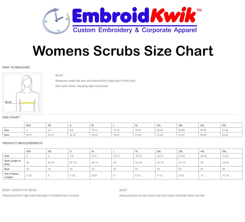 May include: A size chart for women's scrubs, showing measurements for bust, body length, and set-in sleeve lengths in inches. The chart includes sizes from 2XS to 5XL.