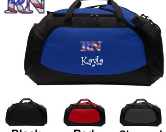 Personalized RN Nurse Large Duffle Bag, RN Flag Design, Scrubs Travel Bag, Embroidered Custom Name, Hospital Bag, Monogrammed, Travel Gift
