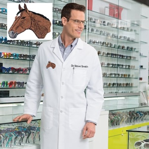 Personalized Veterinarian Lab Coat with Custom Embroidered Name and Horse Design, Doctor, Nurse, Hospital, Jacket, Medical Apparel