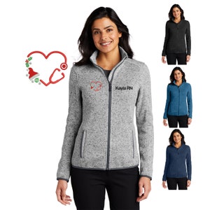 Personalized Nurse Jacket Sweater with Christmas Heart Design, Custom Embroidered Text or Name, Doctor, Nurse, Jacket, Medical Apparel
