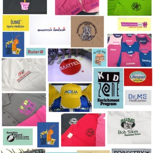 May include: A collage of embroidered apparel and hats featuring various logos and names. The items are displayed on a white background. Some of the logos include "[U18] Sports Medicine", "SWATCH GROUP", "MATTEL", "AQUA CAR WASH", "KID ZONE Enrichment Program", "Dr.ME MedExpress", "PLANET SMILEZ", "FORESTRY TEXAS MUSEUM", and "BULLPUPS Bob Sikes Elementary School".