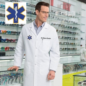 Personalized Lab Coat with Custom Embroidered Name and Star of Life Design, Doctor, Nurse, Veterinarian, Hospital, Jacket, Medical Apparel