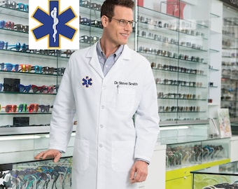 Personalized Lab Coat with Custom Embroidered Name and Star of Life Design, Doctor, Nurse, Veterinarian, Hospital, Jacket, Medical Apparel