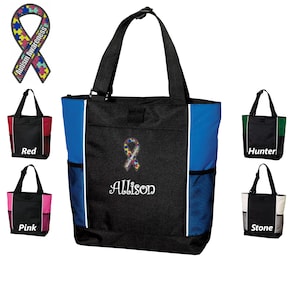 Personalized Canvas Autism Tote Bag, Autism Awareness Ribbon Embroidery Design, Custom Tote Bag, Custom Name, Dad Gift, Mom Gift