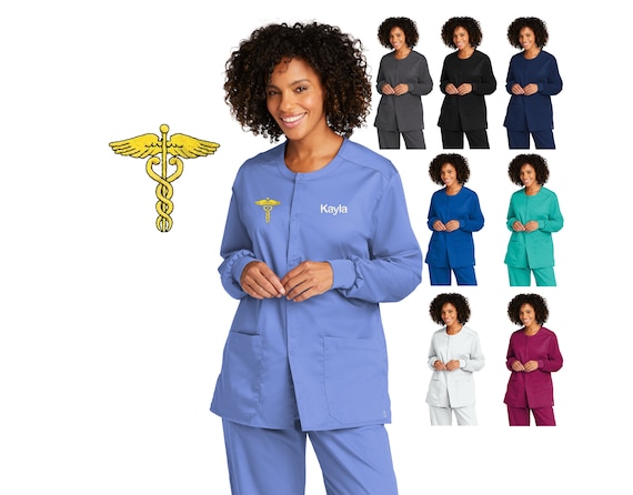 Personalized Unisex Nurse Scrubs Jacket With Caduceus Custom Embroidered Name Doctor Nurse Veterinarian Hospital Shirt Medical Apparel Etsy Canada