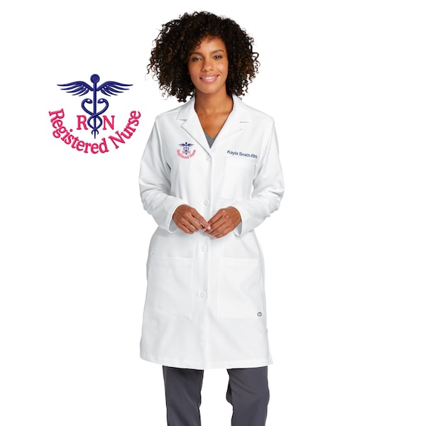 Personalized Registered Nurse Lab Coat with Custom Embroidered Text or Name and RN Design, Doctor, Nurse, Jacket, Medical Apparel