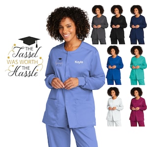 Personalized Unisex Nurse Graduation Scrubs Jacket, Tassel Cap, Custom Embroidered Name, Doctor, Veterinarian, Hospital, Medical Apparel