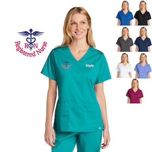 Personalized Womens RN Scrubs Top with Custom Embroidered Text or Name, Doctor, Nurse, Veterinarian, Hospital, Shirt, Medical Apparel