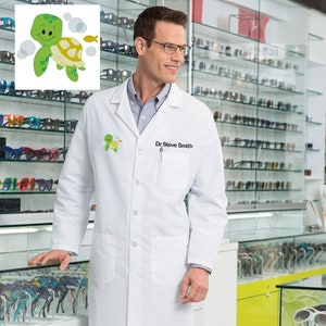 Personalized Veterinarian Lab Coat with Custom Embroidered Name and Baby Turtle Design, Doctor, Nurse, Hospital, Jacket, Medical Apparel
