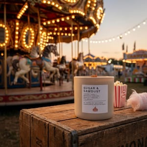 May include: A beige candle in a cylindrical container with a label reading SUGAR & SAWDUST, COTTON CANDY, BUTTERED POPCORN, PAINTED CAROUSEL, THE MIDWAY, ALL NATURAL SOY WAX CANDLE, HANDPOURED BY NORTH FORK NOTE, with a small red circus tent icon.