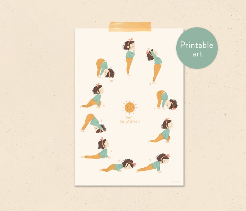 Sun salutation yoga child printable poster image 1