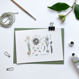 Nuevos comienzos ~ Tarjeta de primavera ~ Ánimo ~ Botánico ~ Nuevo hogar ~ Naturaleza ~ Bulbos de primavera ~ Nido de pájaros ~ Familia ~ Amistad