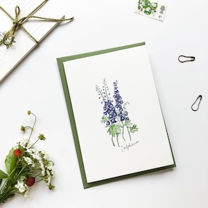 Delphinium Flower Botanical Notecard ~ Cottage Garden Flowers ~ Carta di cotone ~ Just Because Card ~ Biglietto di ringraziamento