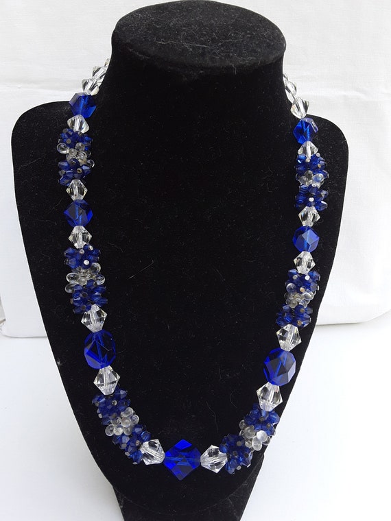 Art deco cobalt blue and clear crystal bead neckla