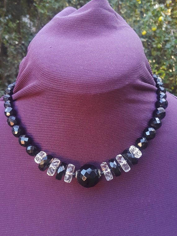 Art deco black glass bead and crystal rondelle nec