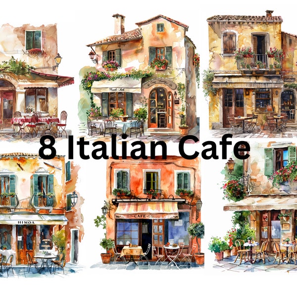 Watercolor Italian Cafe Clipart PNG - Charming Street Scene Illustrations - Authentic Italy Decor for Invitations, Scrapbooking & More