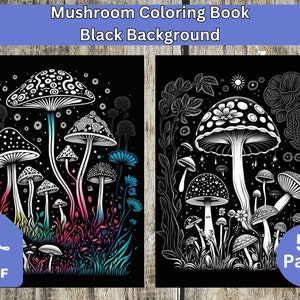 Mushroom Coloring Book For Adults With Black Background, Mushroom Coloring Book, mushroom coloring pages, mushroom coloring bundle