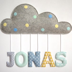 Etiqueta con nombre "Nube", nube de fieltro y letras de tela
