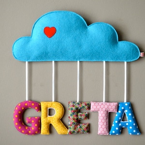 Regalo de bautizo/nacimiento: placa con nombre de nube, letras de tela, placa para puerta.