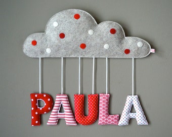 gift for baptism or birth: name decoration / door plate with little cloud and fabric letters