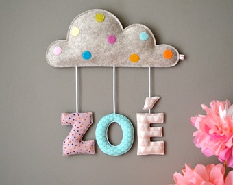 Baptism or birth gift: name decoration / door plate with little cloud and fabric letters