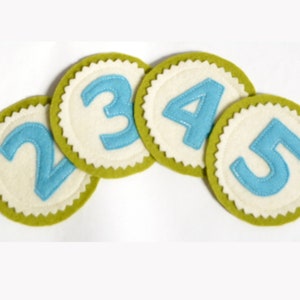 Könnte beinhalten: Fünf Filz-Kreise mit grünen Rändern und weißen Zentren. Jeder Kreis hat eine blaue Filz-Zahl darauf, von 2 bis 5.