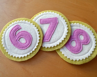 Number button for birthday crown made of felt, light green/dusky pink, additional numbers, 1 piece