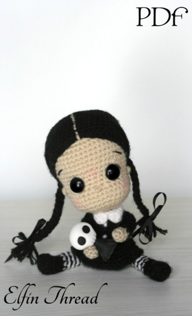 Elfin Thread Wednesday Addams Chibi Doll Amigurumi PDF Pattern Halloween Crochet Doll Pattern image 4