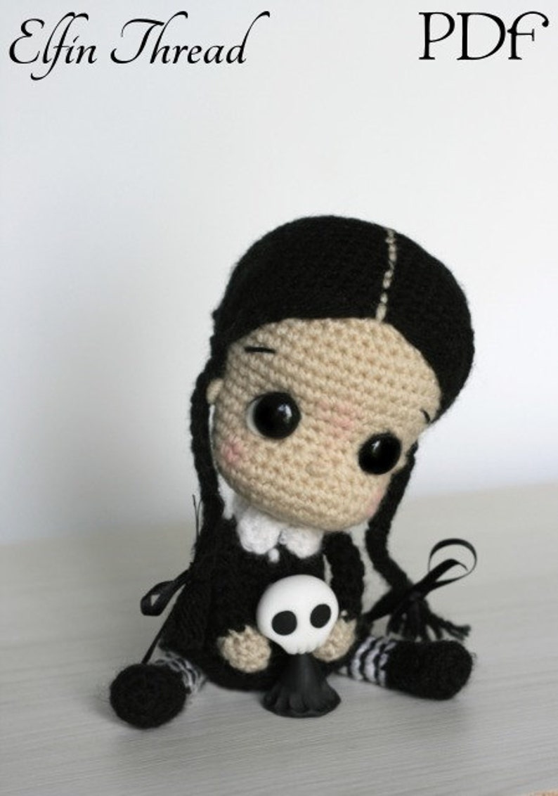 Elfin Thread Wednesday Addams Chibi Doll Amigurumi PDF Pattern Halloween Crochet Doll Pattern image 2