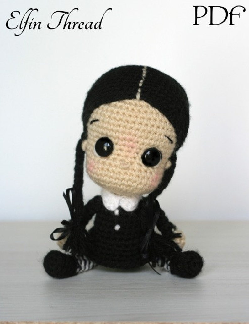 Elfin Thread Wednesday Addams Chibi Doll Amigurumi PDF Pattern Halloween Crochet Doll Pattern image 3