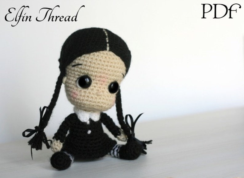 Elfin Thread Wednesday Addams Chibi Doll Amigurumi PDF Pattern Halloween Crochet Doll Pattern image 5