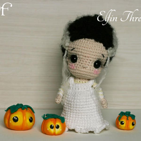 Elfin Thread- Lucy, the Bride of Frankenstein doll Amigurumi PDF Pattern (Crochet Halloween doll pattern)