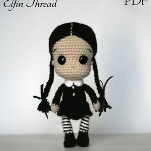 Elfin Thread Wednesday Addams Chibi Doll Amigurumi PDF Pattern Halloween Crochet Doll Pattern image 1