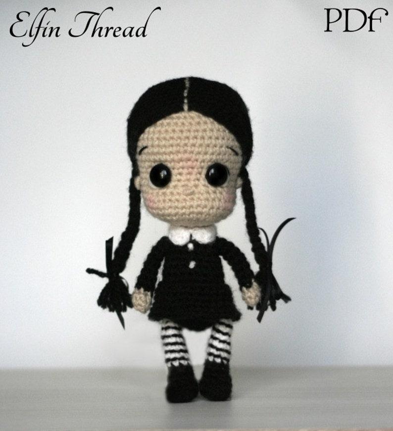 Elfin Thread Wednesday Addams Chibi Doll Amigurumi PDF Pattern Halloween Crochet Doll Pattern image 1