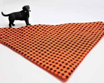 Plaid bandanas for dogs, Autumn puppy bandana, Halloween reversible bandanna, Orange Plaid, Over-the-collar kerchief,