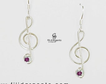 Pendientes clave de alambre de plata de violín de 925o, Swarovski