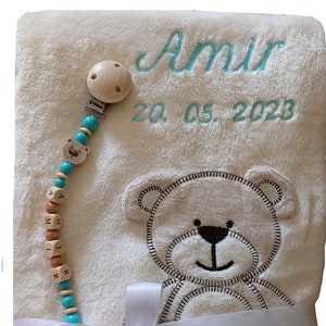 Baby blanket in beige with teddy, embroidered with name and date of birth with pacifier chain, personalized gift for baby baptism, birth of girl and boy