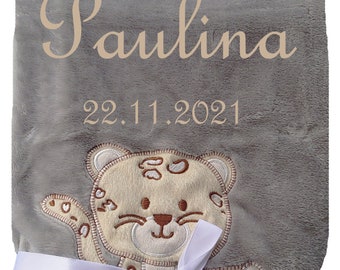 Baby Blanket with Name Embroidered Gray Leopard Baby Blanket Gift Baptism Birth