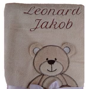 Baby blanket in beige with teddy bear motif embroidered with name / date of birth Gift Baby Bear Baptism Birth Personalization image 1