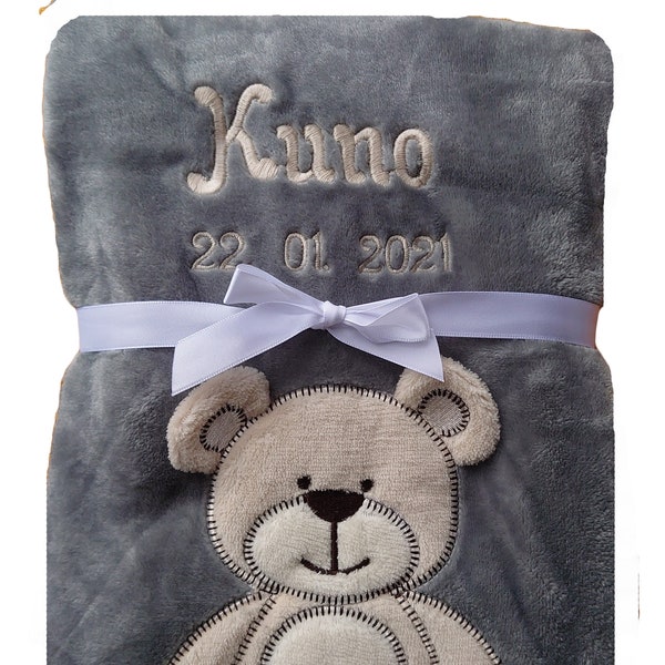 Babydecke in grau mit Teddy-Motiv mit Namen / Geburtsdatum bestickt Geschenk Baby Bär Taufe Geburt Personalisierung