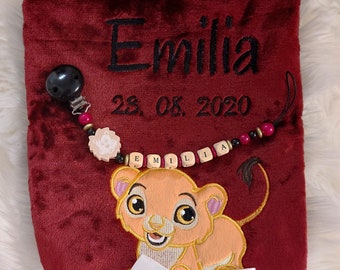 Baby blanket in red with lions, with name date of birth embroidered with pacifier chain lion personalized gift baby baptism birth girl boy