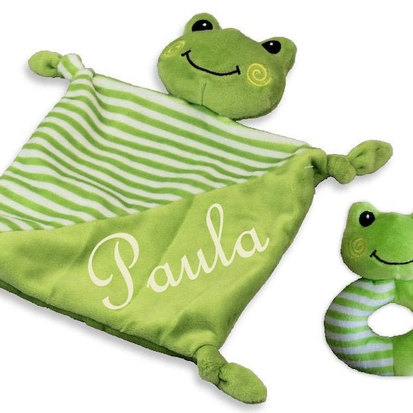 Baby Kuscheltuch Frosch mit Namen bestickt + Rassel Greifling Geschenk Taufe Geburt Geburtstag Schnuffeltuch Schmusetuch Spielzeug Kind grün