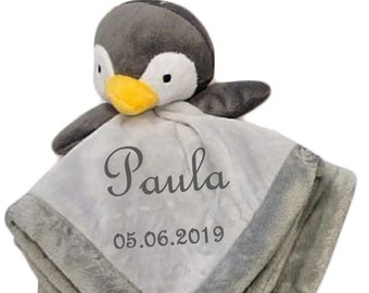 Baby Kuscheltuch Pinguin mit Namen bestickt comforter Geschenk Taufe Geburt Geburtstag blanket Erstausstattung