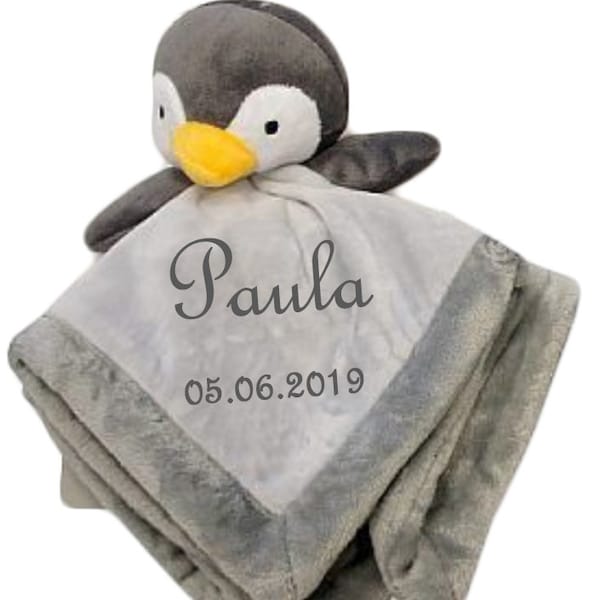 Baby Kuscheltuch Pinguin mit Namen bestickt comforter Geschenk Taufe Geburt Geburtstag blanket Erstausstattung