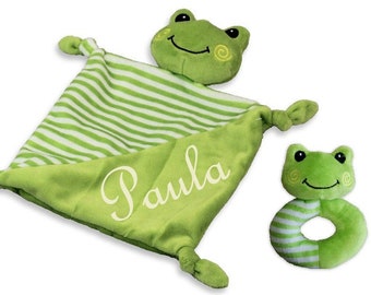 Bebé manta de peluche rana bordada con nombre + sonajero agarre juguete regalo bautismo nacimiento cumpleaños edredón manta de peluche juguete niño verde